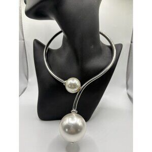 Large Statement Silver Tone Chunky Pearl Hinge Choker Necklace